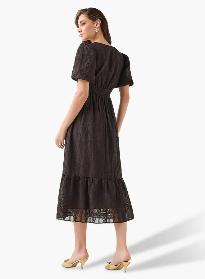 2Xtremz  2Xtremz Midi Dress with Puff Sleeves and Embroidery for Women | Best Price UAE